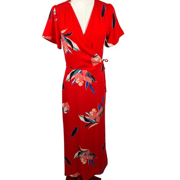 A‎ New Day Red Floral Wrap Midi Dress XS Blue Pink Tie Waist Short Sleeve New - Picture 1 of 16